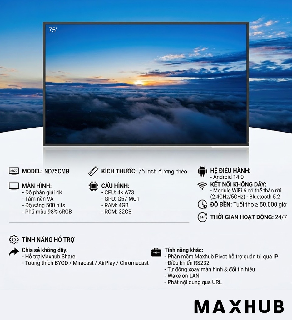 Màn hình chuyên hiển thị MAXHUB ND75CMB (75", 500 nits, 4K UltraHD) - Chính hãng